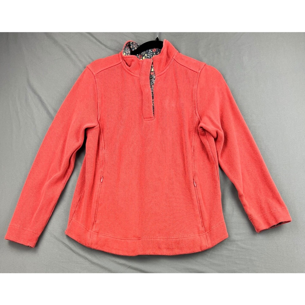 Orvis Pullover Women Size S Snap Neck Ribbed Knit Coral Red Floral Trim Good